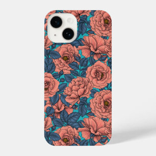 Coque Pour iPhone 14 Roses roses avec des feuilles bleues sur bleu