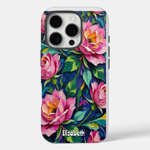 Coque iPhone 16 Pro Roses roses impressionnistes en bleu