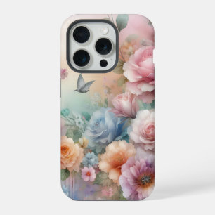 Coque iPhone 15 Pro Roses roses pastel vintage avec papillon