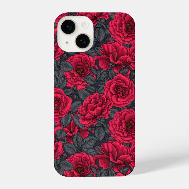 Coque iPhone Roses rouges avec feuilles gris sur noir (Verso)