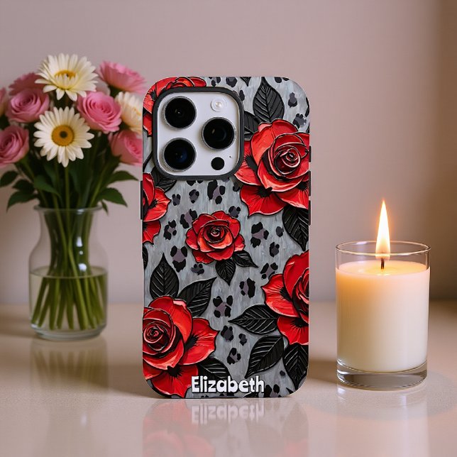 Coque iPhone Roses rouges dynamiques sur toile texturée (Créateur téléchargé)