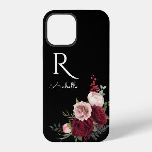Coque iPhone 12 Roses rouges et blush monogrammées sur fond noir