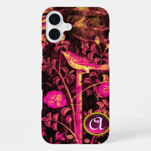 Coque iPhone 16 Plus ROSSIGNOL AVEC MONOGRAMME ROSES, Rose Noir Jaune