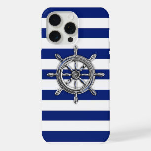 Coque iPhone 15 Pro Max Roue nautique Chrome sur rayures marine