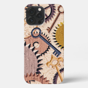 Etui iPhone 13 Pro Max Roues à vapeur, engrenages, clés, vieille carte Pe
