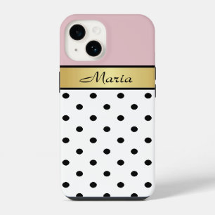 Coque Pour iPhone 14 Rouge à Lèvres Rose, Points noirs et blancs, Nom e