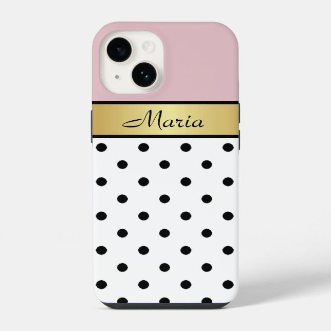 Coque iPhone Rouge à Lèvres Rose, Points noirs et blancs, Nom e (Verso)