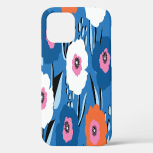 Coque iPhone 12 Rouge Blanc Bleu : Floral Scandinave.