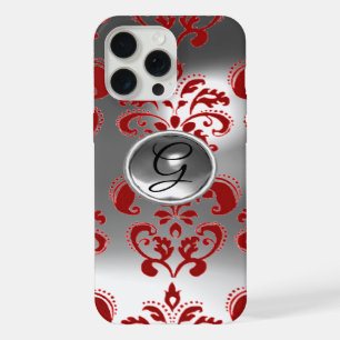 Coque iPhone 15 Pro Max ROUGE BLANC GREY DAMAS GEMME MONOGRAMME Floral