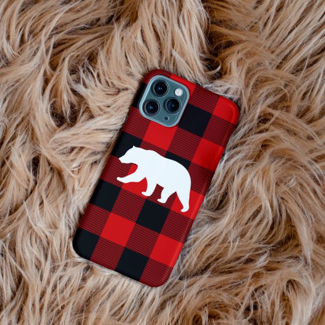 Coque iPhone Rouge Buffalo Plaid & Ours Blanc (Créateur téléchargé)