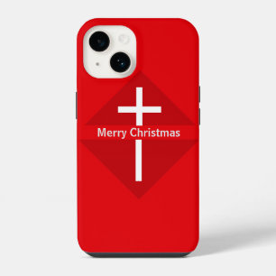 Coque Pour iPhone 14 Rouge et blanc Joyeux Noël Croix chrétienne