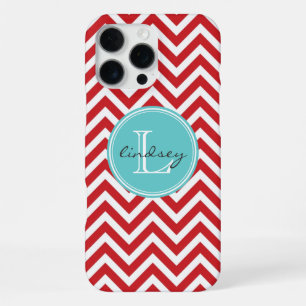 Coque iPhone 16 Pro Max Rouge et chevron aqua avec monogramme personnalisé