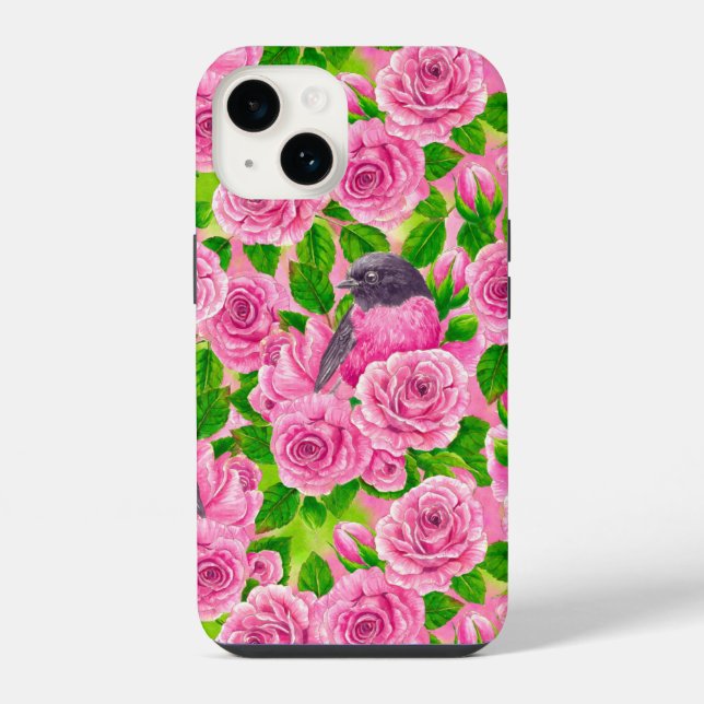 Coque iPhone Rouge-gorge rosé et roses (Verso)