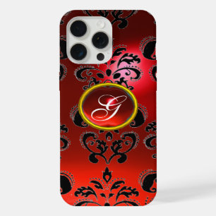 COQUE iPhone 15 PRO MAX ROUGE NOIR DAMAS RUBIS MONOGRAMME PIERRE PRÉCIEUSE