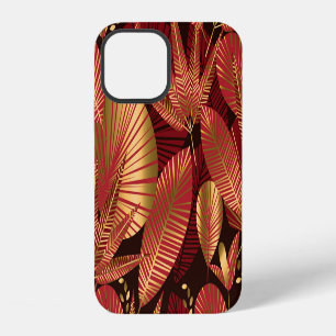 Coque iPhone 12 Rouge or, Motif tropical géométrique.