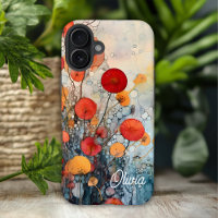 Rouge Orange et Abstrait Floral Teal Nom