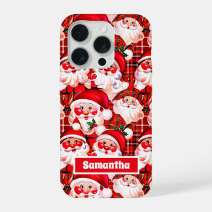 Coque iPhone 15 Pro Rouge Père Noël Vintage Tartan à carreaux Noël