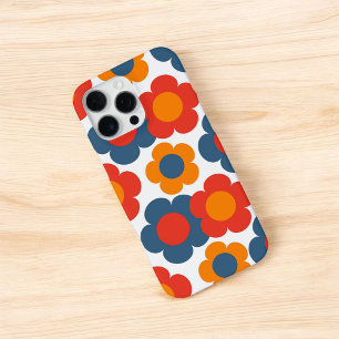 Coque iPhone 16 Pro Max Rouge rétro chic, motif floral orange et bleu