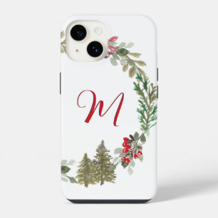 Coque Pour iPhone 14 Rouge Vert Floral Monogramme Noël