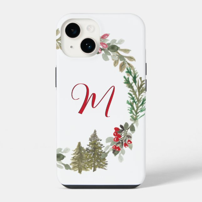 Coque iPhone Rouge Vert Floral Monogramme Noël (Verso)
