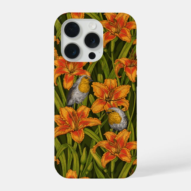 Coque iPhone Rouges-gorges et fleurs de lys, orange et vert fon (Verso)
