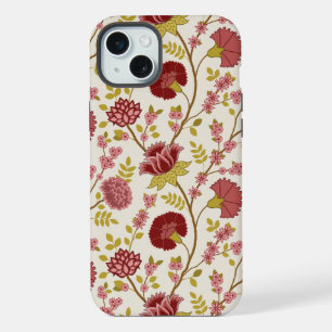 Coque iPhone 15 Plus Rouges Roses Or Crème Grand Motif Floral Jacobéen