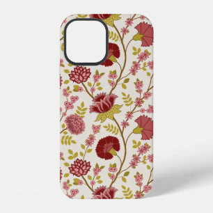 Coque iPhone 12 Rouges Roses Or Crème Grand Motif Floral Jacobéen