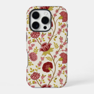 Coque iPhone 16 Pro Rouges Roses Or Crème Grand Motif Floral Jacobéen
