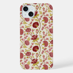Coque iPhone 15 Plus Rouges Roses Or Crème Motif Floral Jacobéen