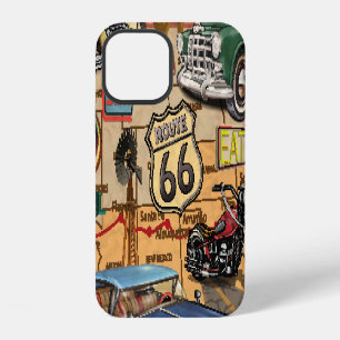 Coque iPhone 12 Route 66 vintage, affiche nostalgique.