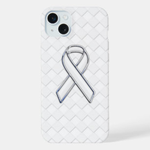 Coque iPhone 15 Plus Ruban blanc de sensibilisation sur damiers blancs