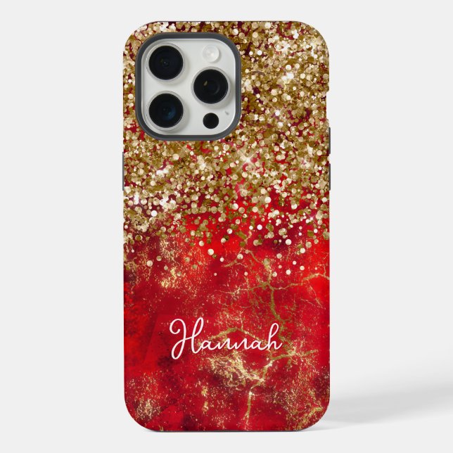 Coque iPhone Ruby Red Glittery Gold Glam Personnalisé (Verso)