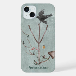 Coque iPhone 15 Plus Rune Algiz avec branches et corbeau