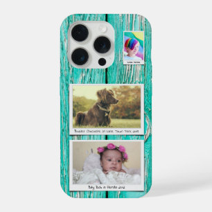 Coque iPhone 15 Pro Rustique 3 Photo Collage Turquoise Blue Green Plan