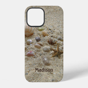 Coque iPhone 12 Sable de plage et coquillages Ajoutez votre nom