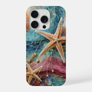 Coque iPhone 15 Pro Sable et mer parsemés d'étoiles, vie marine côtièr