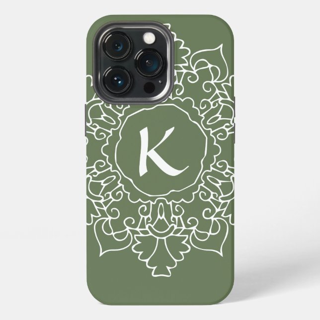 Coque iPhone Sage Green Mandala Monogramme Moderne Simple Perso (Dos)