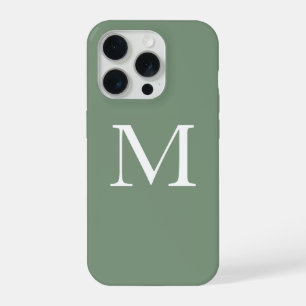 Coque iPhone 15 Pro Sage Green Monogrammes Blanc Simple Couleur person