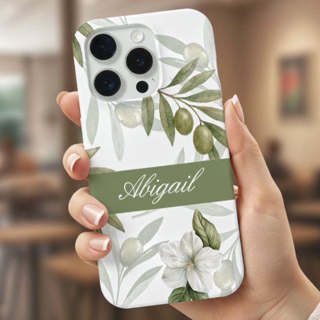 Coque iPhone Sage Intemporel Olive Aquarelle Chic Nom (Créateur téléchargé)