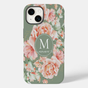 Coque Pour iPhone 14 Sage Vert Motif Floral Aquarelle Rose Monogramme
