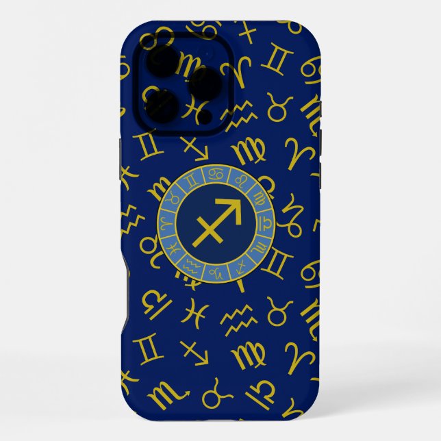 Coque iPhone Sagittaire Zodiac+Astrologie Symboles Ptn Gld+Blue (Verso)