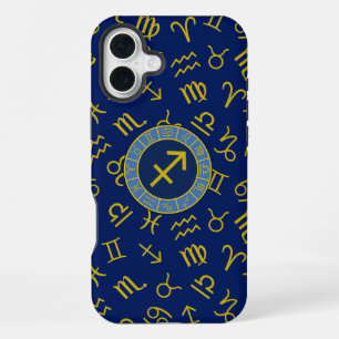 Coque iPhone 16 Plus Sagittaire Zodiac+Astrologie Symboles Ptn Gld+Blue