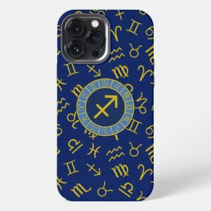 Etui iPhone 13 Pro Max Sagittaire Zodiac+Astrologie Symboles Ptn Gld+Blue