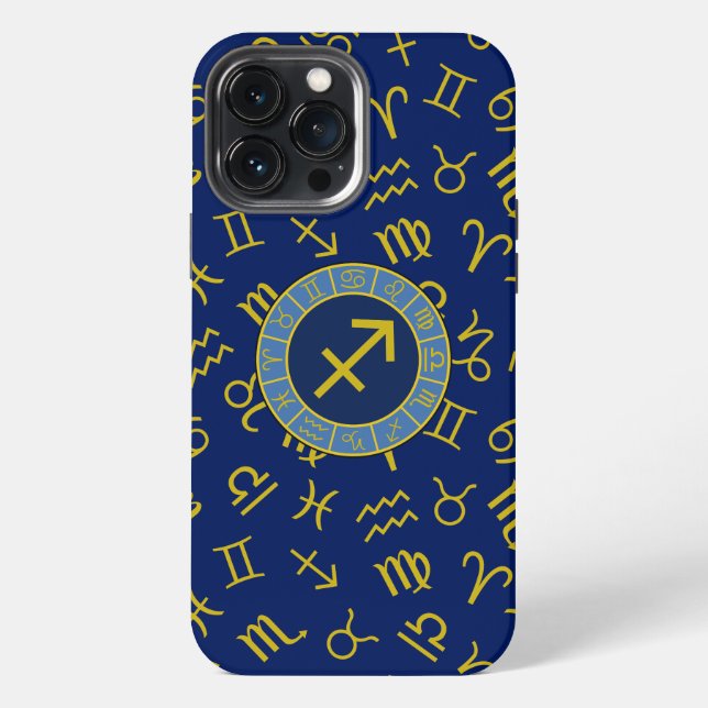 Coque iPhone Sagittaire Zodiac+Astrologie Symboles Ptn Gld+Blue (Verso)