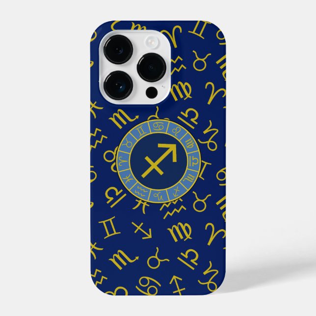 Coque iPhone Sagittaire Zodiac+Astrologie Symboles Ptn Gld+Blue (Verso)