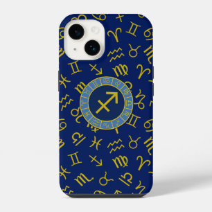 Coque Pour iPhone 14 Sagittaire Zodiac+Astrologie Symboles Ptn Gld+Blue