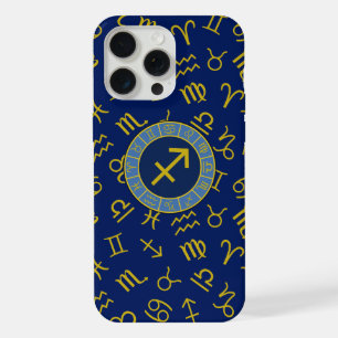 Coque iPhone 15 Pro Max Sagittaire Zodiac+Astrologie Symboles Ptn Gld+Blue