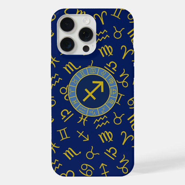 Coque iPhone Sagittaire Zodiac+Astrologie Symboles Ptn Gld+Blue (Verso)