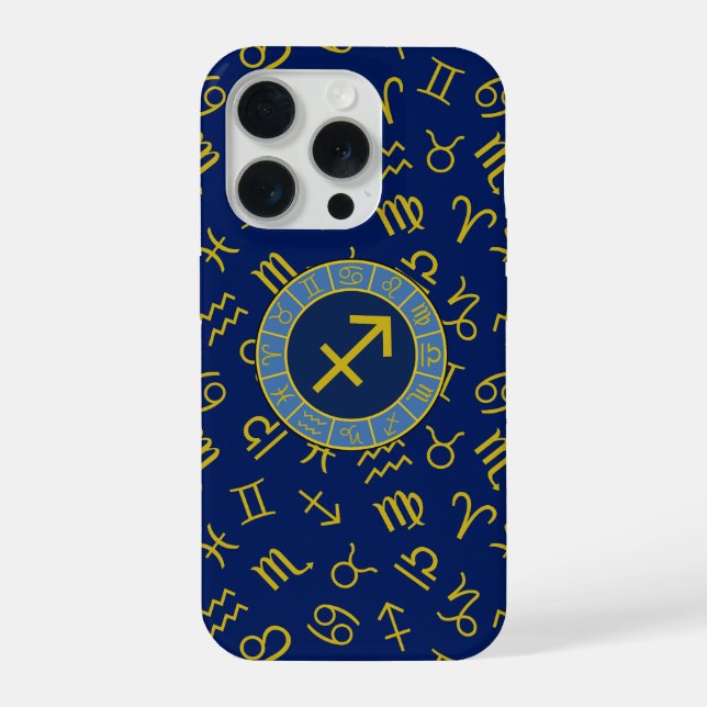 Coque iPhone Sagittaire Zodiac+Astrologie Symboles Ptn Gld+Blue (Verso)