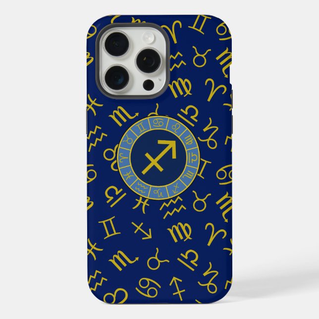 Coque iPhone Sagittaire Zodiac+Astrologie Symboles Ptn Gld+Blue (Verso)